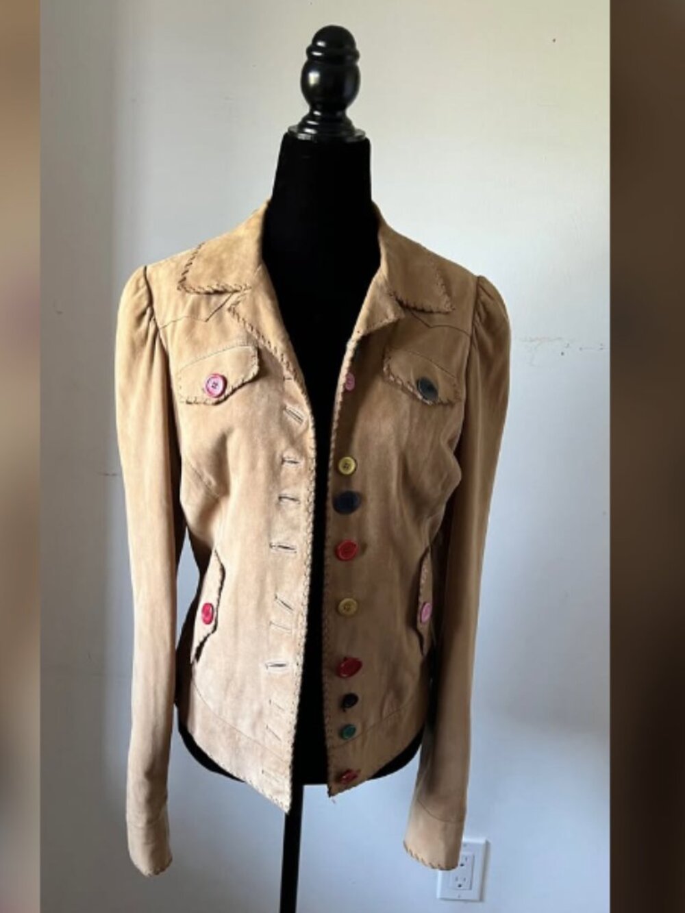 Moschino Camel Tan Suede Leather Jacket w/ multi colored buttons Small/Medium - Picture 9 of 11